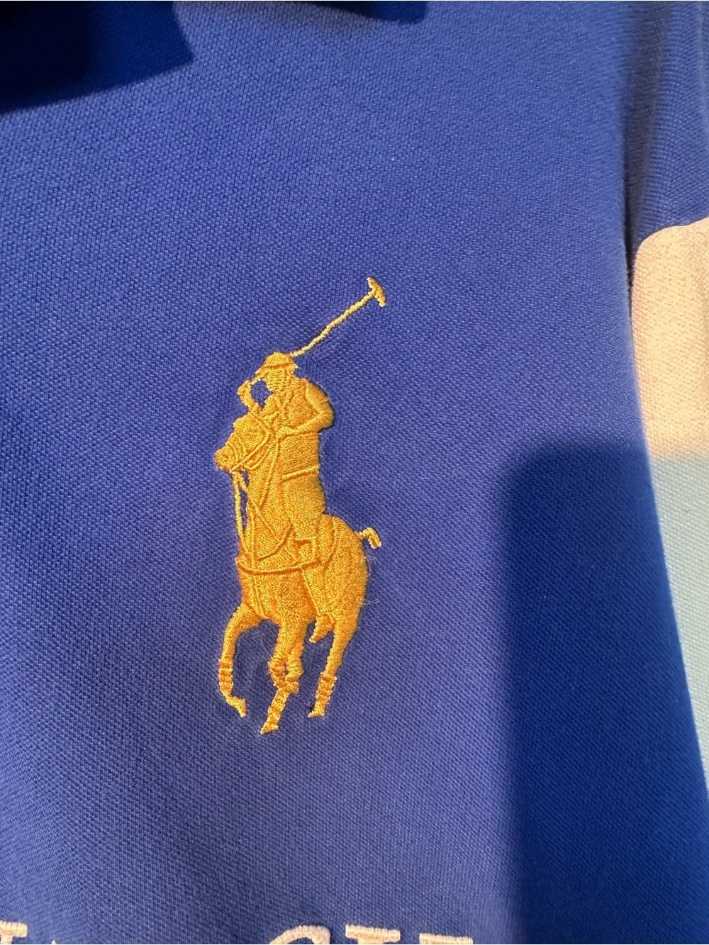 Ralph Lauren Blue Polo with White Sleeves and Yellow Embroidery